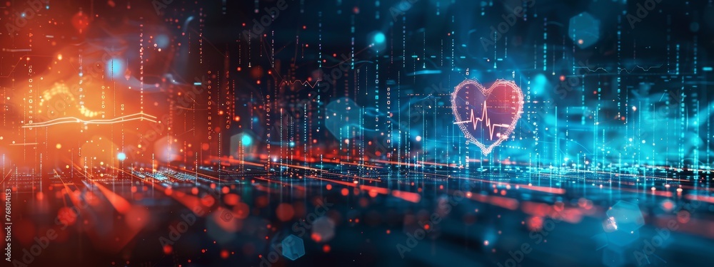 Fototapeta premium Digital pulse heartbeat showing the vital signs of cybersecurity system health, set against a backdrop with text space.