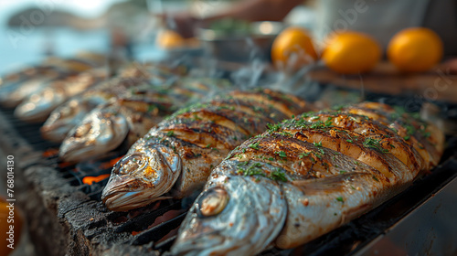 Grilling sardines in the open air in a Portuguese fishing village by the ocean.