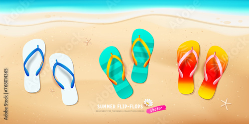 Summer flip flop colorful collection, starfish on sand beach design background, Eps 10 vector illustration 