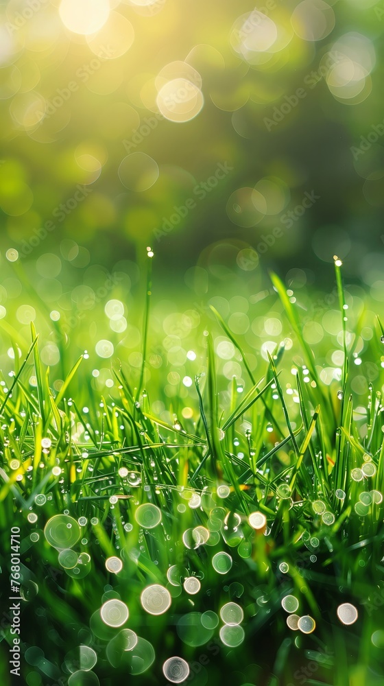 Naklejka premium Green border of grass with water drop, sunlight and bokeh.