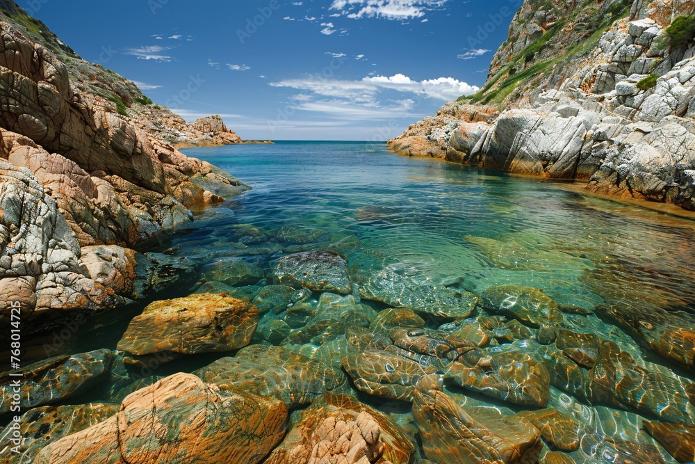 a body of water with rocks and blue sky