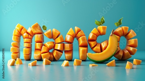 3d mango inscription  from fresh mango slice on a teal simple background. photo