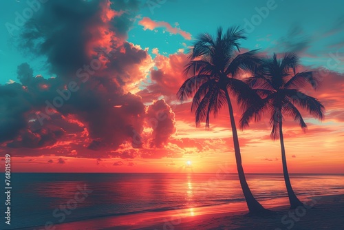 Peaceful Beach Sunset with Cloudy Sky and Palms