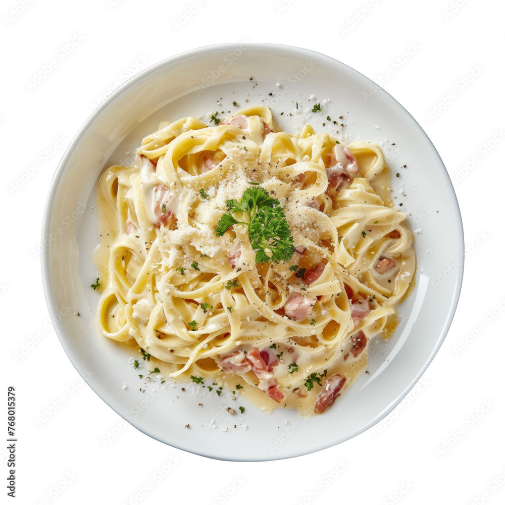 A plate of pasta with cheese and parsley on top. The dish is creamy and looks delicious