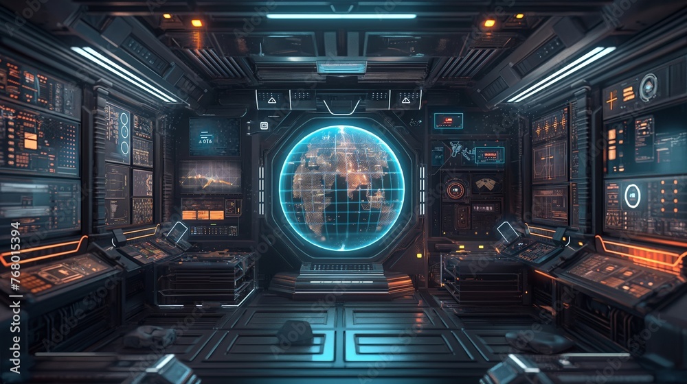 A futuristic spaceship control room with a glowing hologram of Earth at the center.