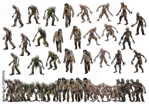 set of zombies in any poses. halloween elements vector. creepy scary living corpse people.