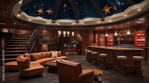Posh residential home theater with tiered seating, starry ceiling, and concession stand photo