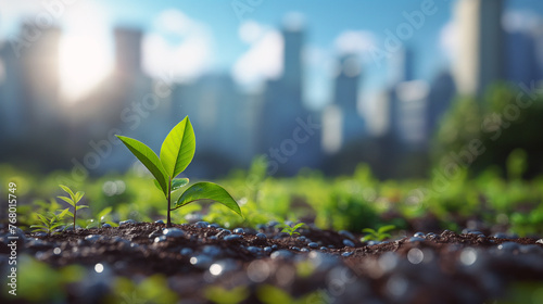 Focus on plant seedlings with city skyscrapers in the background. Concept of sustainable development green earth emphasize on environmental conservation and climate change.