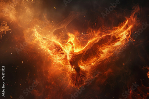A fiery phoenix rising from the ashes against a dark, smoky backdrop ,