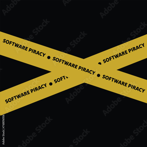 Caution and warning- Software piracy word on yellow barricade tape, crime scene concept
