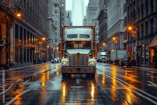 Big rig on wet city streets at golden hour