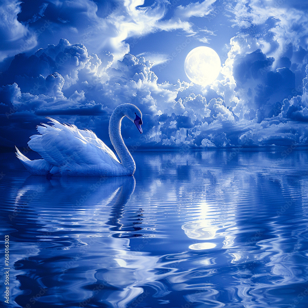 Fototapeta premium A serene swan gliding over a lake of liquid crystal, under a moonlit sky made of soft digital light, embodying peace in technology