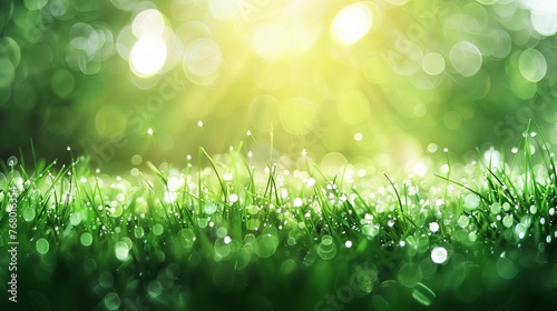 Green border of grass with water drop, sunlight and bokeh.
