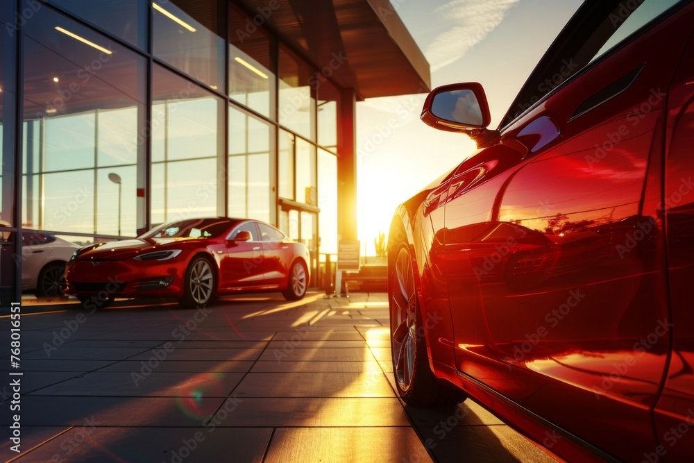 A modern car dealership with sleek architecture, featuring new cars parked outside. The setting sun casts long shadows and highlights the glass windows of each vehicle Generative AI