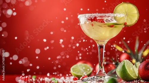 A Margarita cocktail presented against a red backdrop  showcasing a glass filled with the alcoholic beverage.