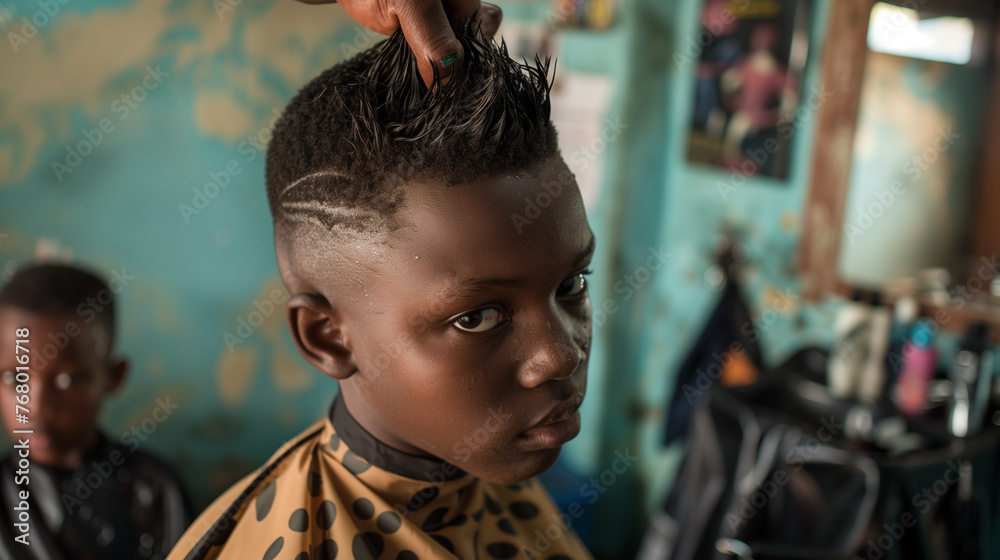 Attentive young black male sits for a haircut inside a vibrant, local barbershop in the township in Cape Town, South Africa , capturing a moment of daily life