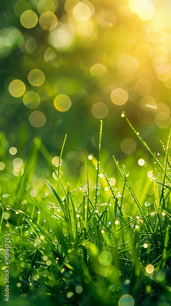 Green border of grass with water drop, sunlight and bokeh.