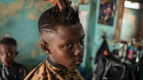 Attentive young black male sits for a haircut inside a vibrant, local barbershop in the township in Cape Town, South Africa , capturing a moment of daily life photo