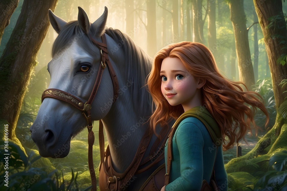 Obraz premium A young girl and her beloved horse, their bond unbreakable as they explore the enchanted forest together, surrounded by lush greenery and magical creatures. and beautiful scene , amazing ,
