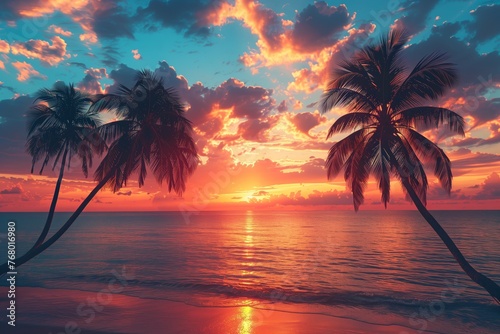 Majestic Palm Trees Overlooking Ocean Sunset © gearstd