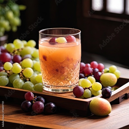 Iced Bayberry MANGO Juice  ice cube   grapes IN LUXUARY  WOODEN TRAY IN ON TABLE