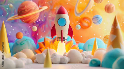 Craft a 3D animated scene featuring a plasticine rocket launching into a colorful and dynamic universe background