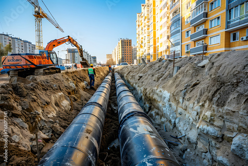 Laying underground pipes for urban heat supply and municipal sewer system
