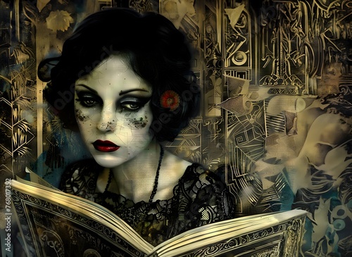 Art-Deco inspired illustration of a mysterious woman with an open book