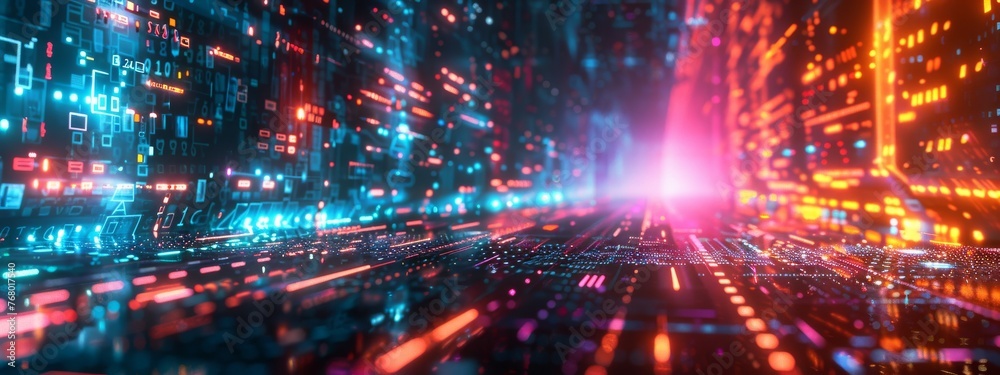 Futuristic AI firewall battling malware in a cyberpunk landscape, vivid colors.