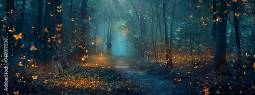 Fireflies creating constellations in a dark, serene forest.