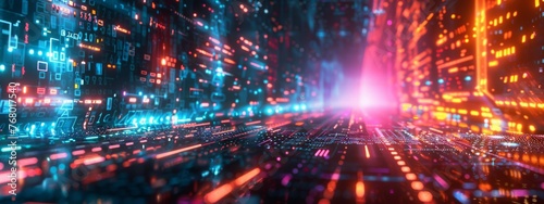 Futuristic AI firewall battling malware in a cyberpunk landscape, vivid colors. © Exnoi