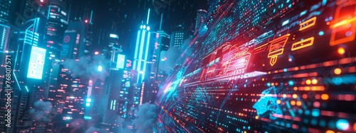 Futuristic AI firewall battling malware in a cyberpunk landscape  vivid colors.