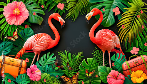Two flamingos are standing in a lush green jungle with butterflies. Summer tropical frame. Summer time and travel concept.