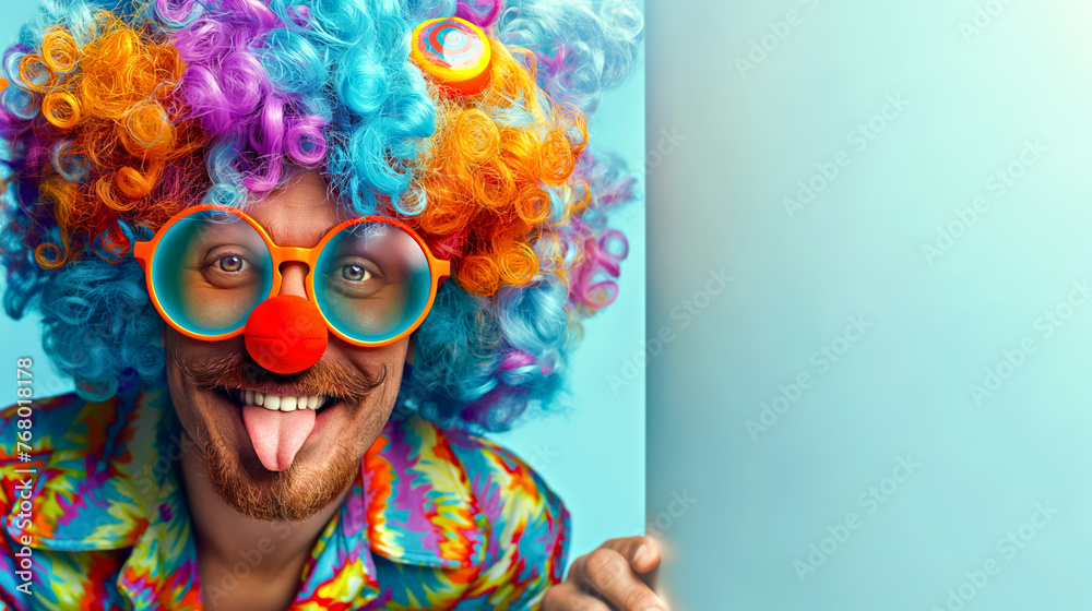 Clown with tongue-out, glasses, rainbow wig and bright makeup, closeup, blue background. April Fool's Day concept. - obrazy, fototapety, plakaty 
