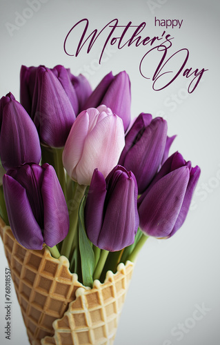 Happy mother's day greeting with purple tulips in waffle cone with congratulation lettering