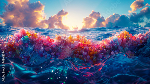 Colorful bubbles and spheres floating on the ocean's surface at sunset with vibrant clouds above