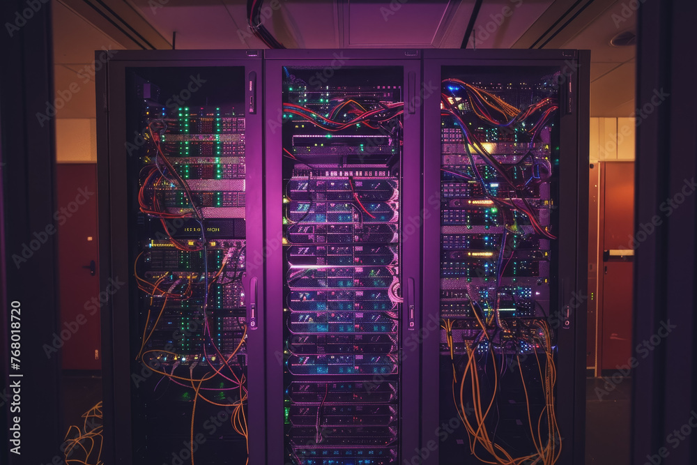 The server room has light. Very modern design with very neat cables on the shelf. The server room has light. Very modern design with very neat cables on the shelf.