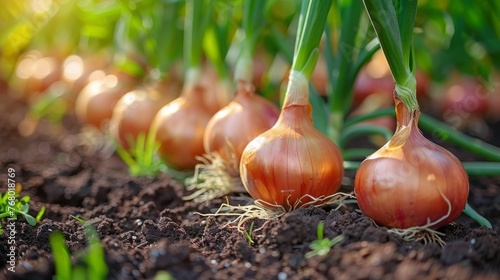 Row of Garlic Plants in Soil