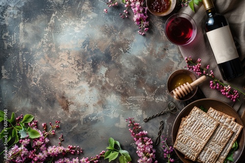 Top angle shot of a Passover table with traditional matza, wine, cups, honey spoon, linen and lilac blossoms, set against a grande grey textured surface with empty space. Generated AI