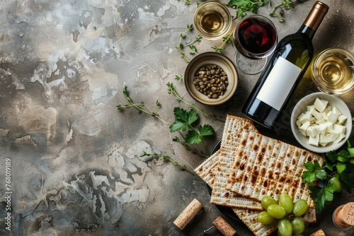 Passover gathering theme. Overhead shot of a festively set table with traditional matza, wine, and greenery accents. Elegant grande grey backdrop. Generated AI