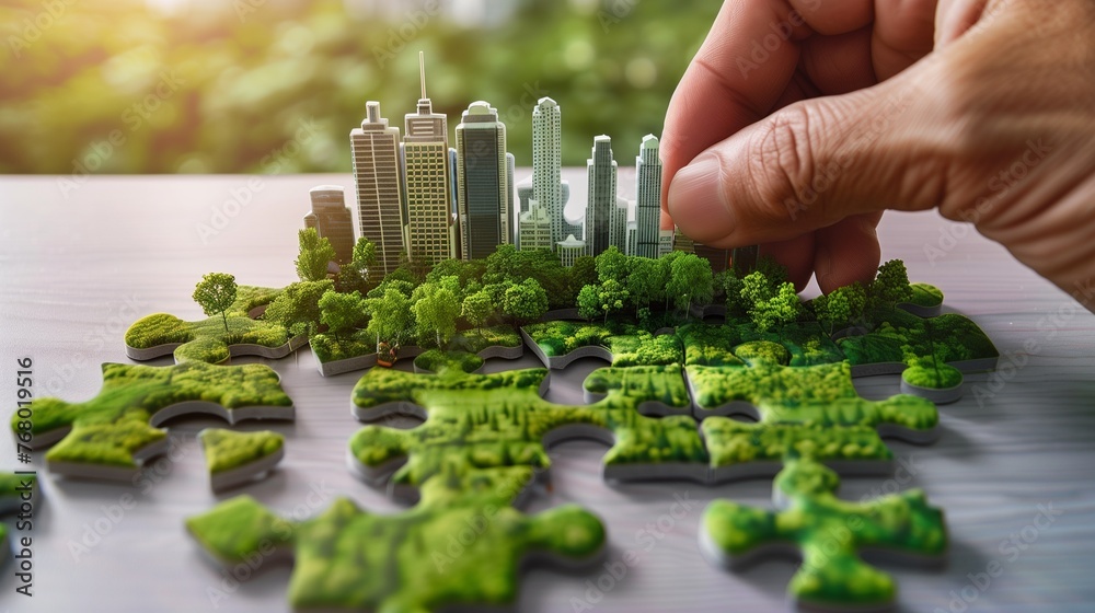 Hand carefully connects jigsaw puzzle pieces, featuring elements of a green cityscape, symbolizing the collaborative effort in building sustainable urban communities. - obrazy, fototapety, plakaty 