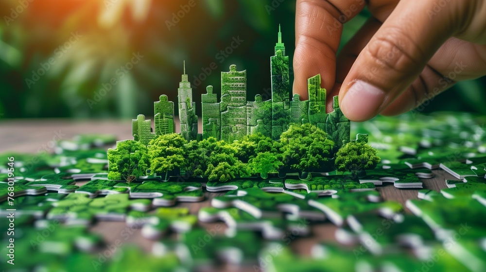 Obraz premium Hand carefully connects jigsaw puzzle pieces, featuring elements of a green cityscape, symbolizing the collaborative effort in building sustainable urban communities.