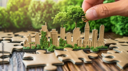 Hand carefully connects jigsaw puzzle pieces, featuring elements of a green cityscape, symbolizing the collaborative effort in building sustainable urban communities. #768019527