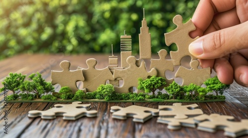 Hand carefully connects jigsaw puzzle pieces, featuring elements of a green cityscape, symbolizing the collaborative effort in building sustainable urban communities. #768019941