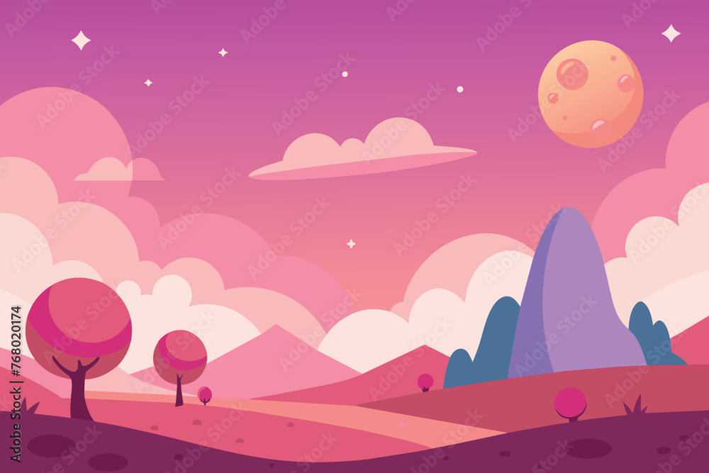 Cartoon background of pink sky. Fantasy landscape with cute nature objects. outline simple vector illustration