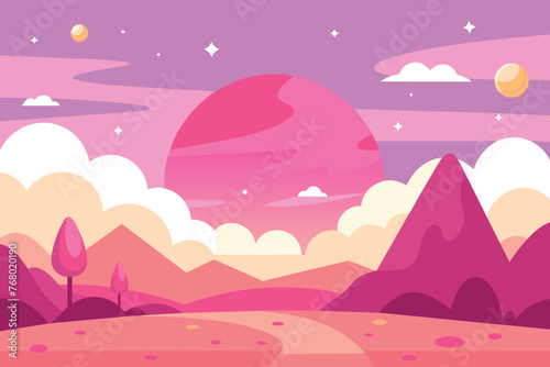 Cartoon background of pink sky. Fantasy landscape with cute nature objects. outline simple vector illustration photo