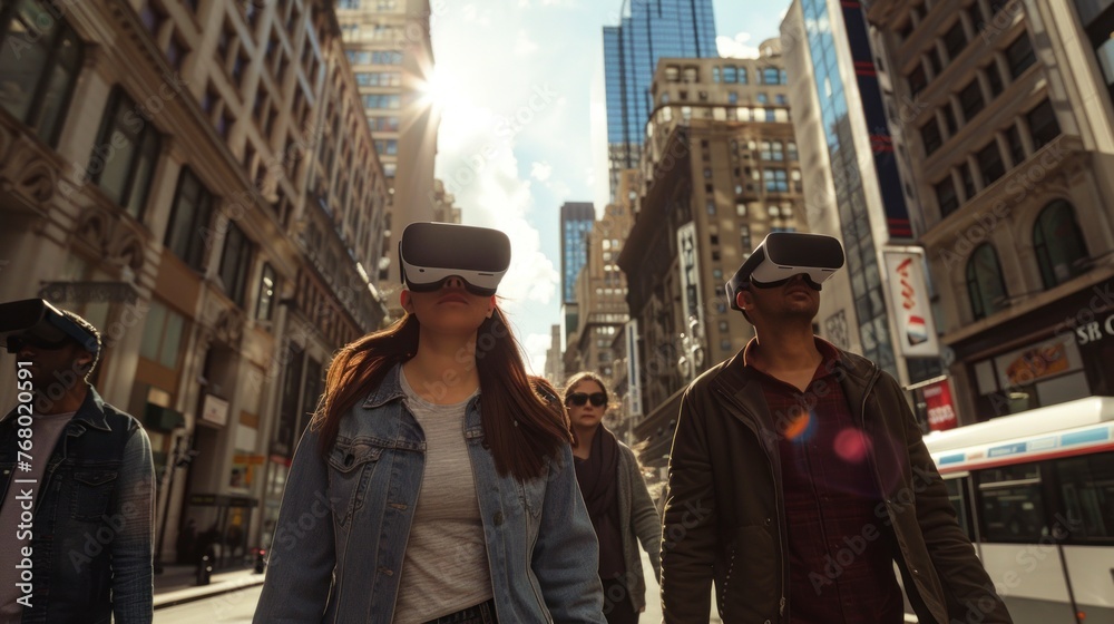 group of people with virtual reality glasses on the street in high resolution and high quality