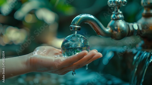 A close-up image depicting a human hand and a water tap to save water, symbolizing water conservation efforts, with a small globe to emphasize global impact. photo