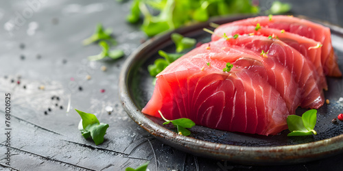 Fresh tuna steak on a plate with herbs. Banner concept for advertising restaurant, menu, store with place for text