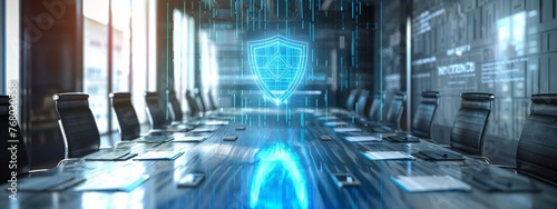Futuristic hologram of a shield representing data protection, hovering over a conference table in a high-tech board meeting.